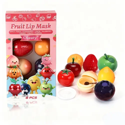 Fruit-Shaped Lip Mask Multi-Pack – 8 Varieties (Strawberry, Lemon, Peach, Blueberry, Cherry, Pumpkin, Tomato, Tropical Fruit), Compact, Day & Night Moisturizing Lip Care, Hydrating, Nourishing, Smoothing, Cute Gifting Option