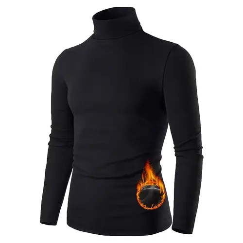 Men's Turtleneck Stretch Knit Thermal Fleece-Lined Long Sleeve Athletic Base Layer Top - Menswear Thermal Menswear Gym Clothes for Sports Workouts, Bike Rides
