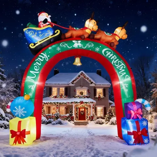 10FT Lighted Christmas Inflatable Archway with Reindeer Pulling Santa's Sleigh Blow Up Yard Decorations for Holiday Party Front Yard Lawn Garden with Built-in LED Lights