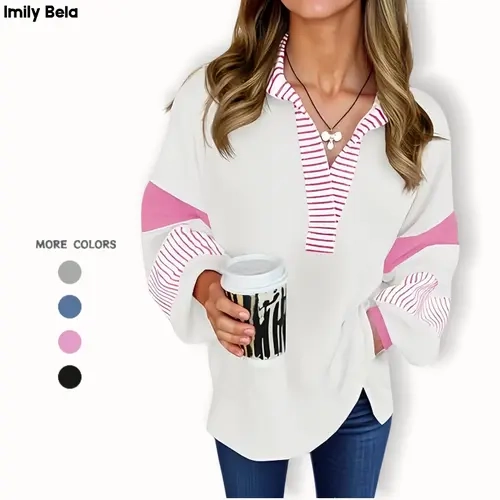 Imily Bela Womens Color Block Oversized Sweatshirt V Neck Long Sleeve Casual Loose Pullover Tops Hoodie Striped Pink & White