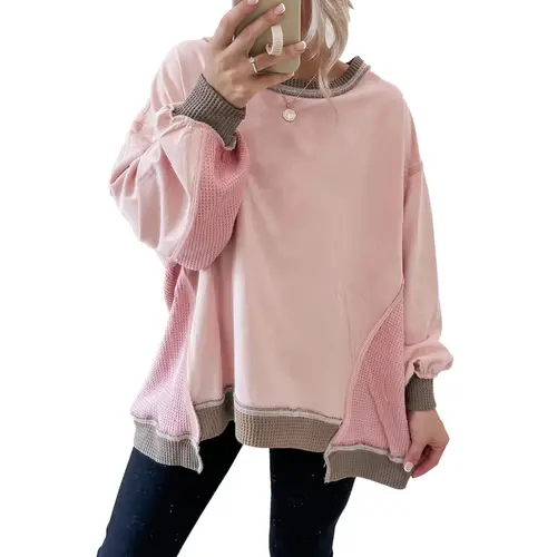 Mntaor Women's Casual Light Pink Oversized Color Block Sweatshirt with Waffle Knit Trim Cozy Loungewear Pullover for Comfort,Winteroutfit Womenswear Everyday