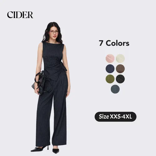 Cider 2-Piece Set Boat Neck Striped Wrap Knotted Top & Mid Rise Straight Leg Trousers Set– Office & Weekend Casual SummerWins Dealsforyou