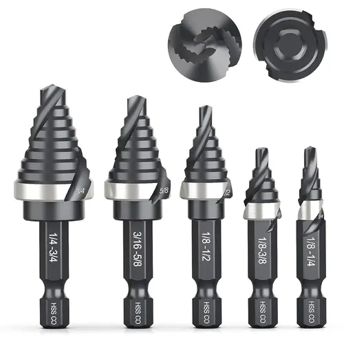 THINKWORK M35 Cobalt Spiral Flute Step Drill Bit Set, 5 Pcs Single Size HSS Step Bits (1/8"-3/4"), Small Size EDC Unibit with 1/4" Shank Step Bits for Metal, Aluminum, Steel, Wood Plastic
