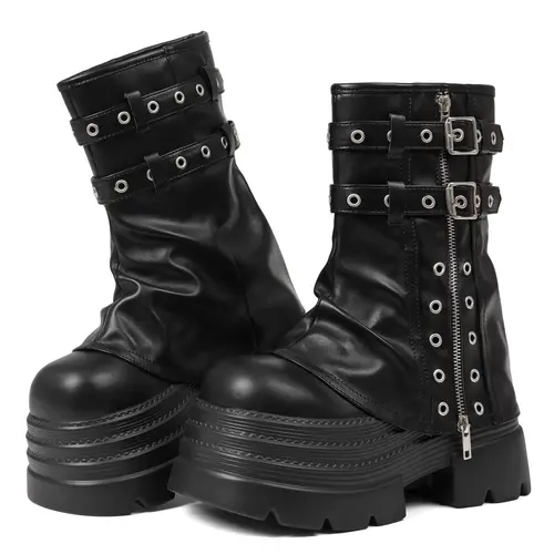 EROCALLI Women's PU Leather Round Toe Studded Buckle Platform Ankle Booties - Goth Punk, Chunky Lug Sole, Chunky Heel, All Seasons Walking Shoes, Avant Garde Fashion Black Brat Style Vibe Footwear