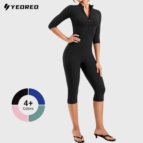 YEOREO Women's Half Zip Sculpting Athletic Jumpsuit - Regular, Thick & Capri Versions, Long Sleeve & 3/4 Sleeve, Buttery-Soft Stretchy One Piece Yoga Activewear
