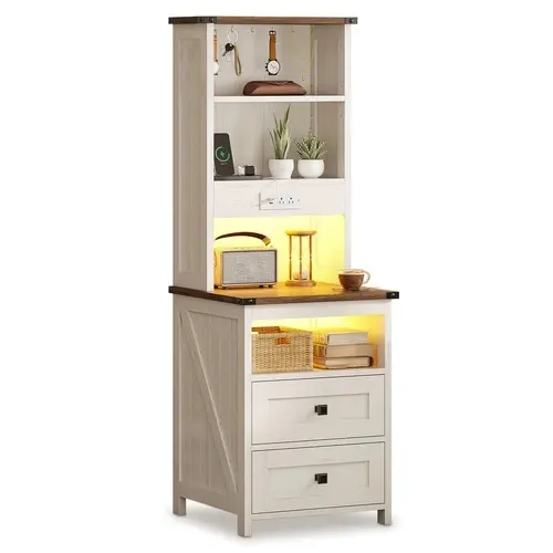 Sikaic Tall Nightstand with Charging Station, Farmhouse Bedside Table with LED Lights, 2 Drawers, 6 Hooks & Storage Shelves, Tall End Table with Bookshelf for Bedroom, Home Furniture Christmas Gifts cozy home familyfun [TikTokShopblackfriday]