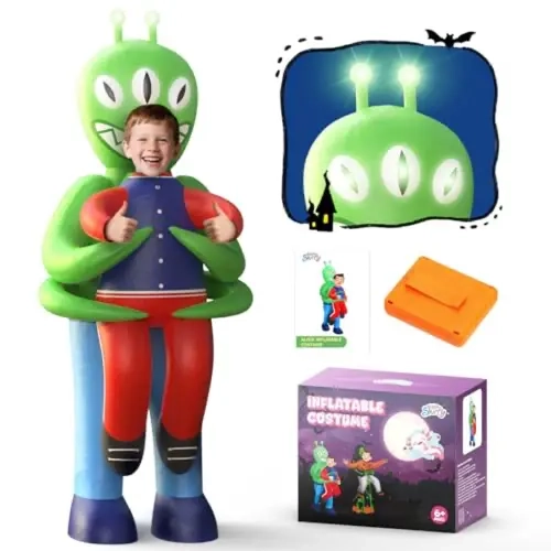 Skirfy Kids' Futuristic Alien Halloween Polyester Costume - Blow-Up Character Outfit with 3D Light-Up Eyes, Dual Power Mode, Rapid Inflation, Battery Pack, Nice Costume for 8-10 Years (24.5x20.3x14.5 cm, Christmas Gift Option)