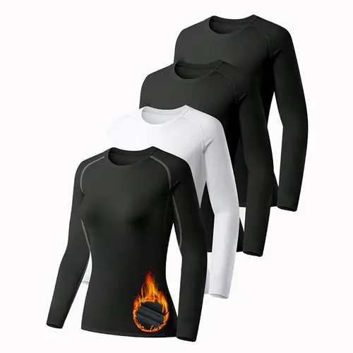 Women's 4-Pack Solid Fleece-Lined Round Neck Compression Base Layer Tops - Minimalist Basic Style Long Sleeve Thermal Pull-On Underwear, Winter Essential, Machine Washable (Do Not Dry Clean)