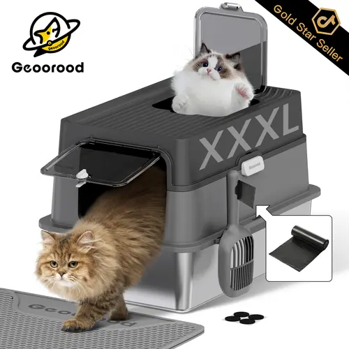 【Geoorood】Stainless Steel Fully-Enclosed XL Litter Box for Big Cats, 49L 3-Layer Removable High-Sided Tray with Fine Mesh Scoop, Anti-Leakage, Non-Sticky, Easy-Cleaning, Odor Control, 45-Day Litter Compatibility, ABS Components, Quick Assembly