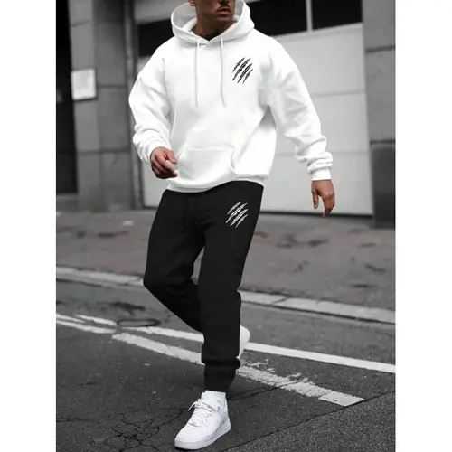 KZZ Men's 2-Piece Athletic Style Activewear Set - Hoodie & Sports Pants, Comfortable All Seasons Set Men's Sports Sweat Suit, Unique Wolf Claw Design, Casual Outings & Gym Wear, Christmas Gifts for Him