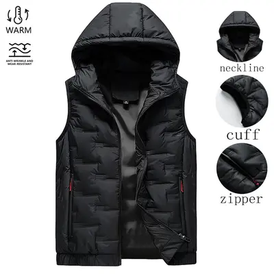 Men's Warm Cotton-Polyester Sleeveless Hooded Gilet Vest, Menswear Autumn-Winter Casual Streetwear Waistcoat, Cotton Fabric Vest
