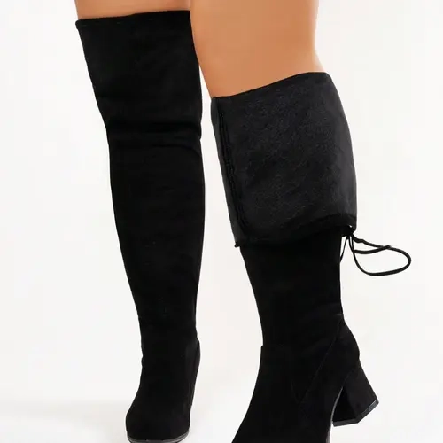 Women's New Wide Edition Ultra-Elastic Solid Color Elastic Velvet Mid-Calf over Knee Fashion Boots, Casual Fall & Winter Shoes, Black