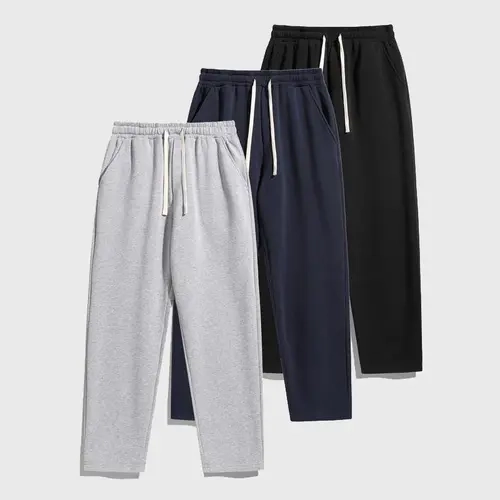 Men's Plus Size Solid Color Fleece-Lined Wide Straight Leg Sports Sweatpants - Studs, Pocket, Warm Autumn-Winter Casual & Street Dance Bottoms