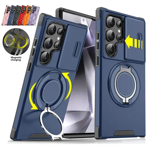 OREKROY For Samsung Galaxy S26 Ultra Plus Shockproof Magnetic Case with Slide Camera Lens Protector For S25/S24/S23/S22/S21 Ultra Plus Rotating Ring Holder Black TPU+PC Armor Casing