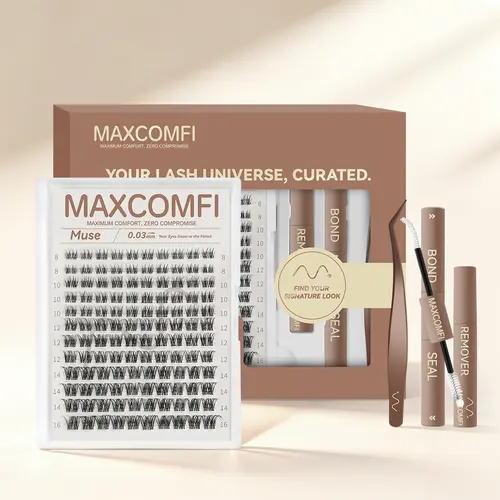 MaxComfi Muse Cluster Eyelash Extensions - Gentle DIY Lash Kit for Beginners, Waterproof, Thin Band, Super Soft, Long-Lasting Natural Venus Velure Style for Daily Voluminous Look, Makeup Essential