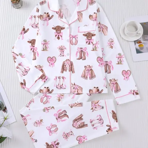Women's Fall Winter Long Sleeve Sleepwear Set Pajama, Pattern Print, Soft, Elegant Casual, Comfortable Flap Top & Wide Leg Pants