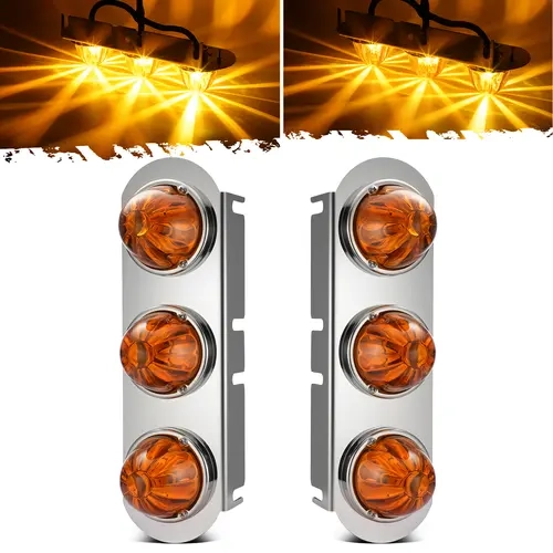 Partsam 1 Pair Radius-Style 14" Front Air Cleaner Light Bar with 3Pcs Glass Watermelon Lights, Stainless Steel Bracket, Compatible with Peterbilt Kenworth Freightliner Trucks