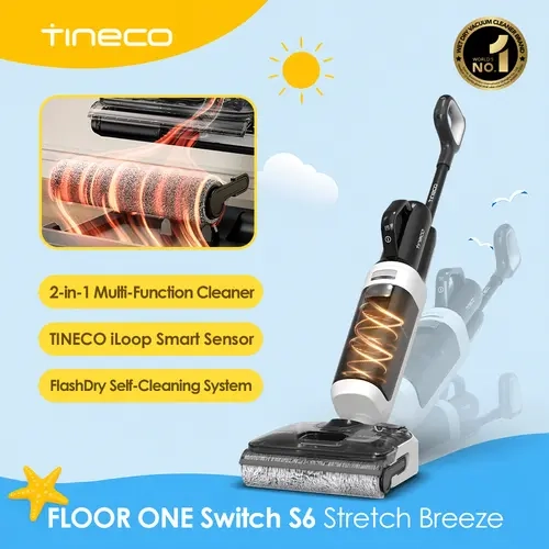 Tineco FLOOR ONE Switch S6 Stretch Breeze 2-in-1 Wet Dry Vacuum & Mop, 180° Lay-Flat Design, FlashDry Self-Cleaning, Anti-Tangle Technology, Cordless Multi-Surface Cleaner for Hard Floors & Everyday Messes