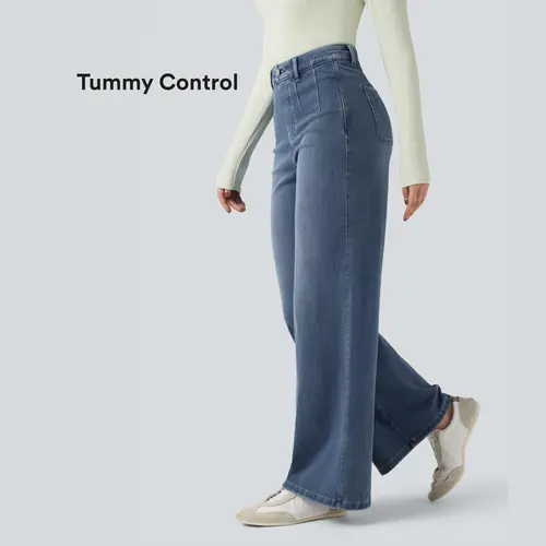 Halara Flex High Waisted Tummy Control Wide Leg Casual Jeans with Pockets