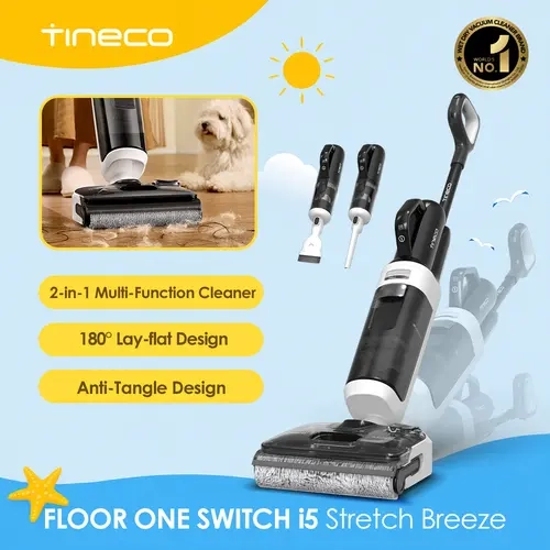 TINECO FLOOR ONE Switch i5 Stretch Breeze 2-in-1 Wet Dry Vacuum & Handheld Cleaner, 20kPa Powerful Suction, 180° Lay-Flat Design, Flexible Swivel Cleaning, Long Runtime for Hard Floors, Stairs & Car Interiors