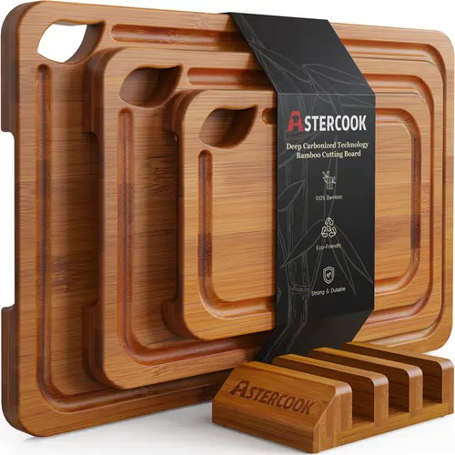 Astercook 4-Piece Eco-Friendly Bamboo Chopping Board Set - Durable Rectangular Different Sizes, Anti-Microbial Composite-Side, Secure Storage Holder, Hand Wash Only, Kitchen Organization, Kitchen Knife-Compatible, Wooden Cutting Boards for Everyday Use