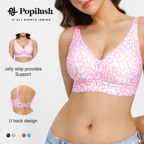 Popilush Women's Cooling Seamless Non-Underwire Leopard Print Jelly Bra - Adjustable Strapless V-Neck Molded Cup Invisible Set Bralette, Comfortable Supportive Minimalist Fit Bras for Women, Non-Underwire Bralettes