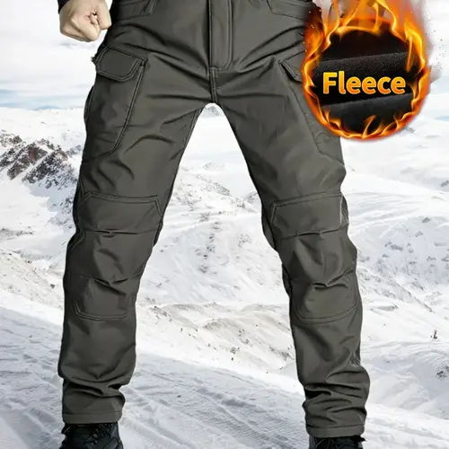 HOMUG Men's Thick Fleece Tactical Combat Pants, Men's Solid Color Pants with Multiple Pockets for Hiking, with Pocket Zippers and No Waistband, Suitable for Wearing in Autumn and Winter Seasons.