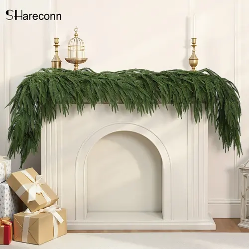 SHareconn 6/9/12/18FT Real-Touch Greenery, Classic Faux Norfolk Branchs Christmas Garlands - PE Plastic, Decorative Xmas Ornament for Mantle, Window, Wall Hanging, Kid Room, Indoor-Outdoor Decor
