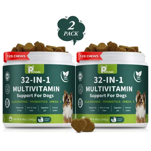 Petrivium 2-Pack Dog & Cat Multivitamin Soft Chews (120 Count) - Glucosamine, MSM, Omegas 3&6, Probiotics, Folic Acid, Zinc, Inulin, Selenium for Hip & Joint Health, Healthy Skin & Coat, Immune Boost