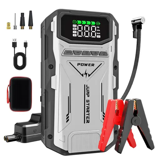 【Featou】Portable 12V Plastic Car Jump Starter with 15800mAh Lithium Metal Batteries, 150PSI Air Compressor, 15000mAh Power Bank, LED Light, Reliable Emergency Escape Tool for All Gas/10.0L Compression-Ignition Engines