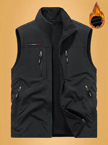 Men's Fleece Vest, Couple's Double-Sided Wearable Work Vest, Casual Sleeveless Jacket, Lightweight Vest with Polar Fleece, Multi-Pocket Design, Suitable for Hiking, Photography, Fishing, Quick-Dry Polyester Fiber Spring  Menswear Green Black Gilet