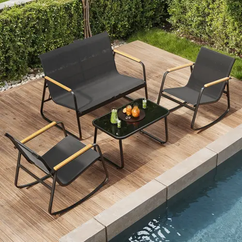 Gizoon 4-Piece Modern Patio Furniture Set - Textilene Outdoor Conversation Set with 2 Rocking Chairs, Rectangle Tempered Glass Coffee Table for Lawn, Garden, Modern Patio Set Patio Bistro Set