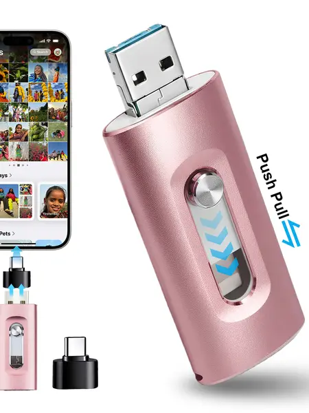4-in-1 Flash Drive MFi Certified 128GB/64GB Portable USB OTG Memory Stick for iPhone iOS(Need app) Android PC with Type-C Adapter High-Speed Data Transfer