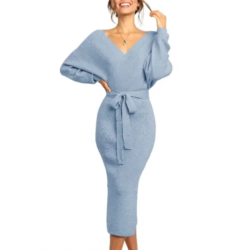 Wenrine Women's Casual Elegant Knitting Bodycon Maxi Dress - Deep V-Neck, Long Batwing Sleeves, Wrap Tie-Up, Open Back, Slit, Belted, for Holiday, Wedding Party Events, Do Not Bleach