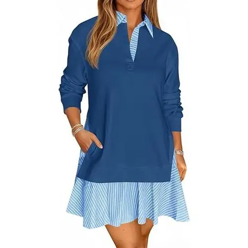 Wenrine Women's Ribbed Knitting Patchwork Stripe Color Block Sweatshirt Dress - Long-Sleeve Collared V-Neck Loose Mini, Soft Skin-Friendly Non-Stretch Chic Daily Evening Wear, Rib