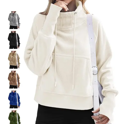 FISOEW Women's Basic Style Long Sleeve Fitted Athletic Sweatshirt - Polyester Fleece Blend High Neck Pullover with Adjustable Drawstring, Large Pockets, Thumbholes, Comfortable Fabric for Everyday Wear & Layering (Pairs with Leggings)