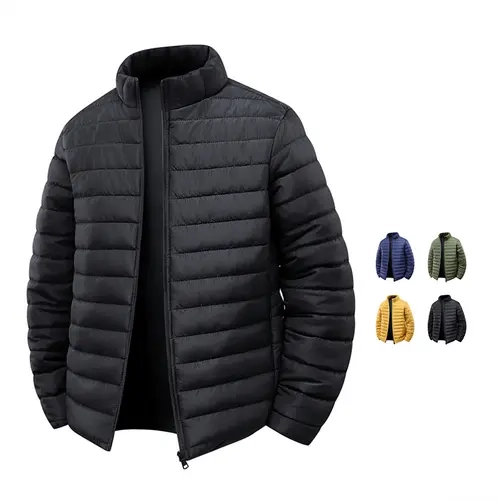 Men’s Solid-Color Woven Slim-Fit Long-Sleeve Casual Jacket - Stand Collar, Hooded, Windproof, Warm, Trendy for Autumn Winter Outdoor Wear