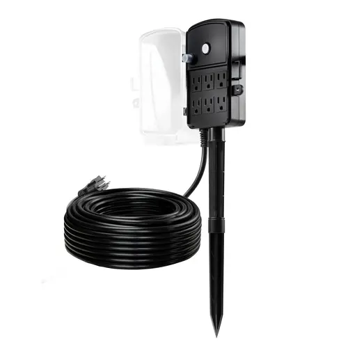 VEVOR Outdoor Weatherproof Power Stake Splitter, 100 Ft 14AWG Grounded Cable Extension Cord, 6-Outlet Strip with Waterproof Cover, 13A Overload Protection, Mount-Compatible Plug for Holiday Devices
