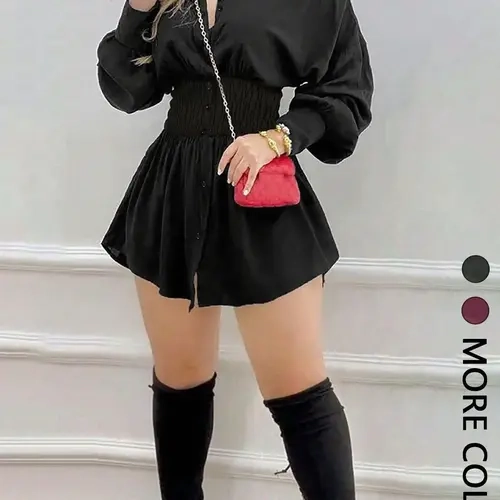 Women's Fashion Trendy Solid Color Ruched Waist Long Sleeve Dress, Casual Fitted Style, All Seasons Wear, Plain Pattern