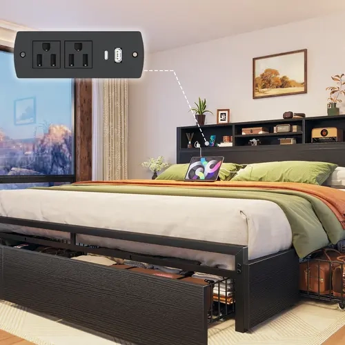 Raybee 6 Drawers Wood Bed Frames for King Queen Full, Luxury Platform Bed Frame with Storage Head Board & Build-in Power Outlet, Holds up to 1000lbs with Metal Frame & Slats, Noise Free, Space Saving for Bedroom