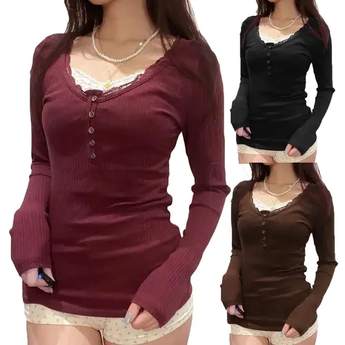 Women Y2K Lace Patchwork Tee Top Long Sleeve Fairy Grunge T-Shirts Vintage AestheticCrop Top Harajuku Top
