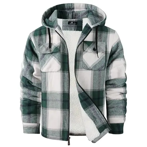 ZITY Men's Plush Checkered Thick Hooded Design Fleece Hoodie Jacket - Winter Warm Full-Zip Sherpa-Lined Long-Sleeve Menswear Outerwear, Casual Fabric Top for Chilly Days (Navy Blue, Chiffon Accents)