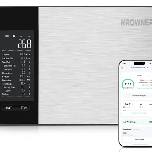 MrOwner Stainless Steel High-Precision Kitchen Scale for Weight Mgmt - Nutrition Analysis, Calorie Tracking, 19 Nutrients, Free App Macro Support, 22lb Capacity, Grams/Ounces Precision Digital Food Scale