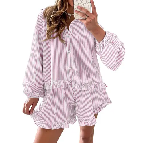 Fisoew Women's 2-Piece Striped Casual Loungewear PJ Set - Breathable Polyester Fabric, Button-Down Ruffle Shirt, High Waisted Elastic Shorts, Oversized Women's Pajamas for Sleep