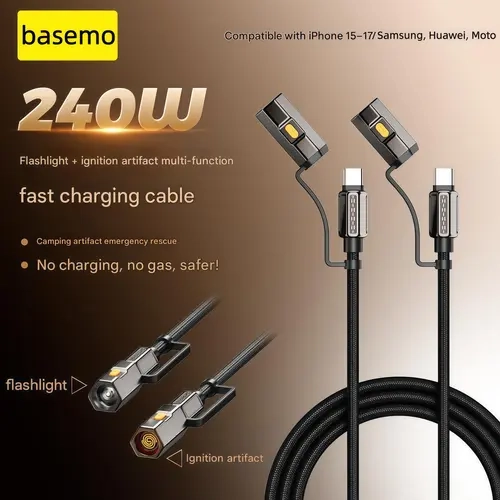 Basemo 240W USB-C Fast Charging Cable with Built-in Flashlight & Lighter, Multi-Function Braided Charging Cord for iPhone, Samsung, Huawei & More
