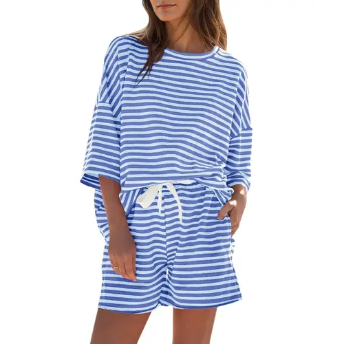 Fisoew Womens Striped Short Sets 2 Piece Outfits Sweatsuits 3/4 Sleeve Pajamas Casual Lounge Sets #summerwins