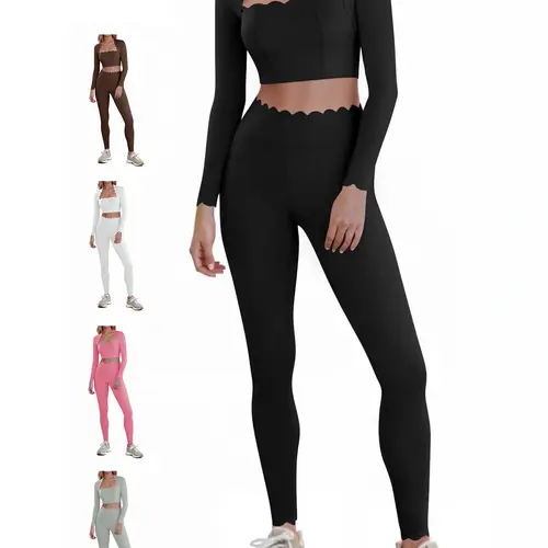 FISOEW Women's 2-Piece Sweatsuit Matching Set - High Waisted Scalloped Leggings with Crop Top, Stretchable High Performance Athletic Workout Gym Clothing Activewear for Running, Fitness, Athletic Workout Clothing