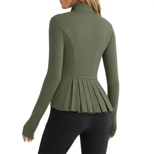 Fisoew Women's Athletic Long-Sleeve Zip Sports Jacket - 2026 Spring Summer Slim Fit Outerwear, Pleated Lightweight Stretchy, Stand Collar, Thumbhole Pockets, Gym Clothes, Long Sleeve Tops, Jacket for Women