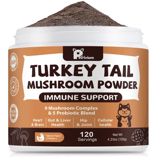 Petrivium Upgraded Turkey Tail Mushroom Powder Supplement for Dogs & Cats - JUMBO SIZE, 120 Servings - Supports Immunity, Cellular Health - Includes Maitake, Reishi, Chaga