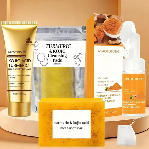 Unisex Turmeric 4-Piece Complete Cleansing Kit - Natural Luxury Skin Care Set with Cleanser, Turmeric Bar Soap, Cleansing Mousse, Tablets & Night Mask for Full Face Care
